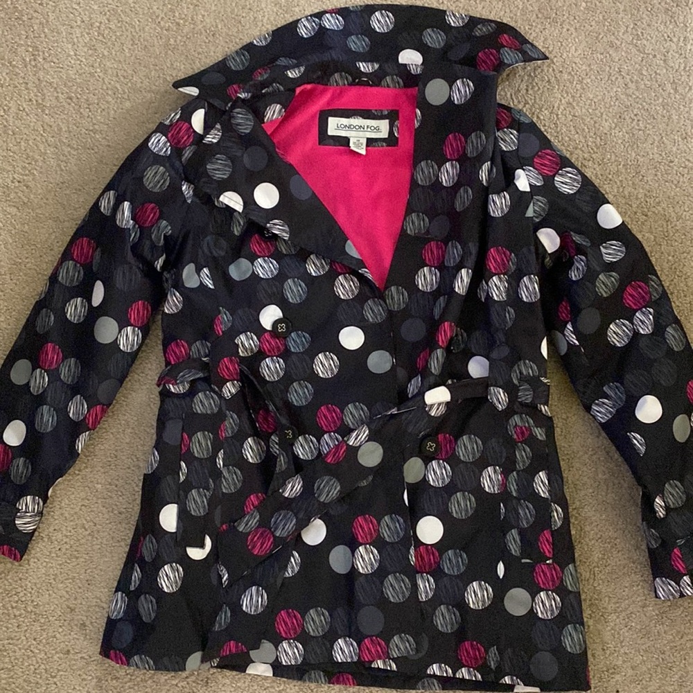 London fog jacket. Black with polka dot pattern.